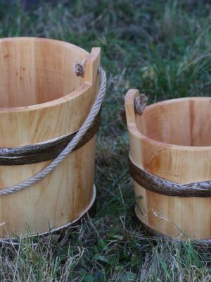Wooden bucket with rope handle